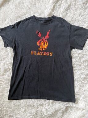 PLAYBOY x Color Bars Black Tee with Red & Yellow Flame Bunny